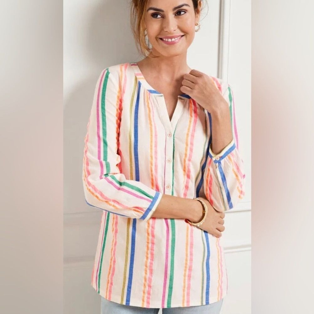 Talbots Womens XL‎ Pink Blue Green Striped Cotton Blend 3/4 Sleeve Tunic Top